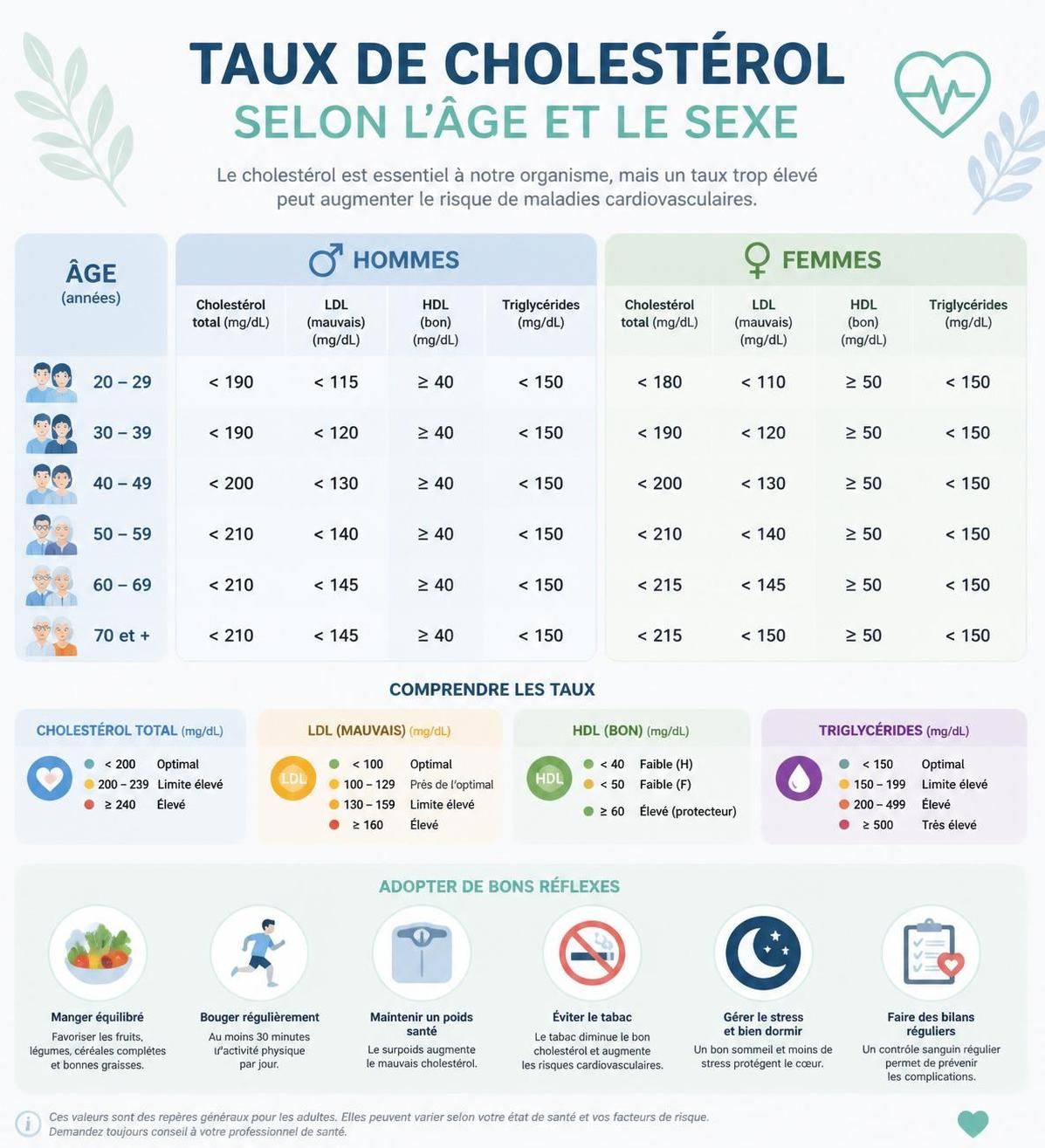 découvrez comment interpréter facilement le tableau des taux de cholestérol en fonction de l'âge et du sexe pour mieux comprendre votre santé cardiovasculaire.