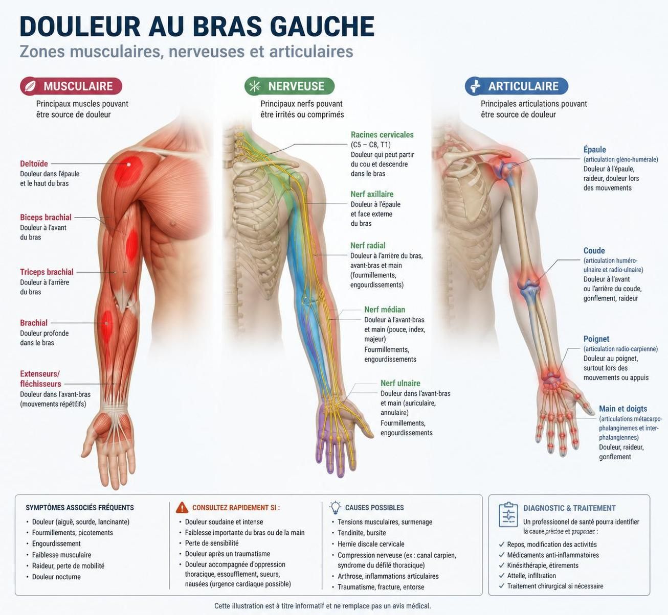 douleur au bras gauche : découvrez les signes avant-coureurs nécessitant une consultation en urgence pour une prise en charge rapide et efficace.